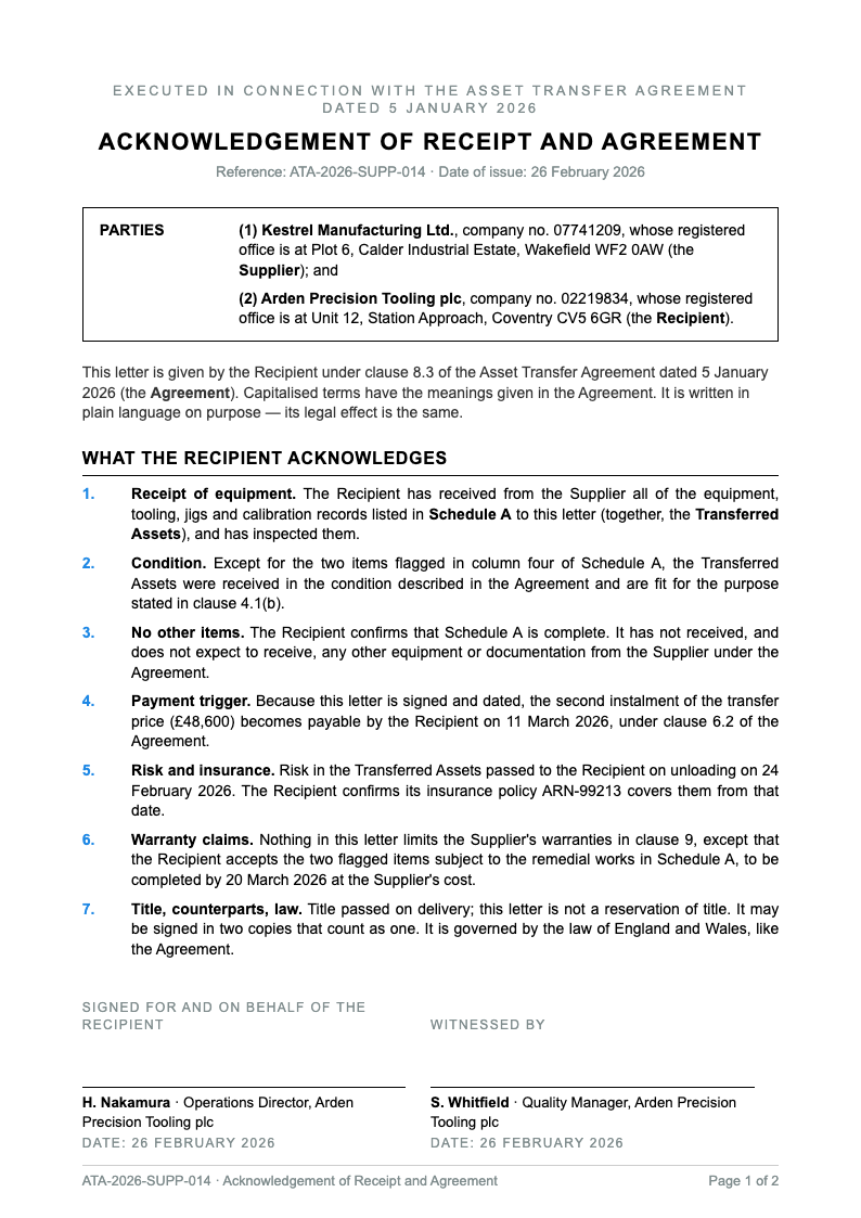 Legal plain language acknowledgement letter